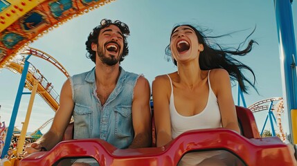 Laughing couple on a thrilling roller coaster ride.