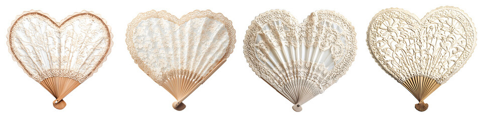 Vintage lace heart-shaped hand fans with intricate patterns and beige tones isolated on a white background, png.