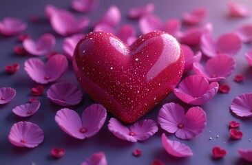 Obraz premium A stunning pink heart surrounded by delicate petals and sparkling drops creates a romantic atmosphere. Perfect for expressing love and affection, this image embodies beauty and tenderness.