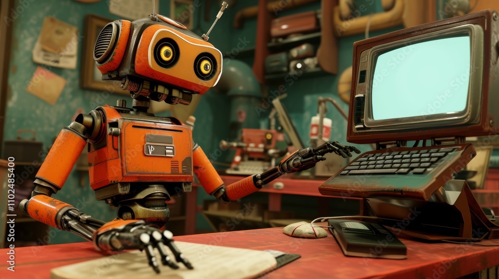 Poster a cute orange robot sits in a retro workshop, operating an old computer, blending nostalgia with fut