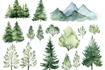 A set of watercolor forest clip art, featuring various trees and mountains in green tones against white backgrounds.