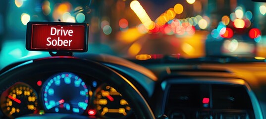 Drive Sober Message on Car Dashboard Promotes Safe Driving Practices with Night City Lights