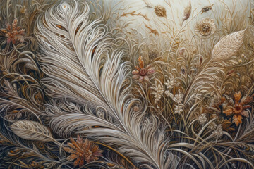 a complex composition of intertwined plants and feathers, rendered in an organic palette of browns, beiges and golds.  