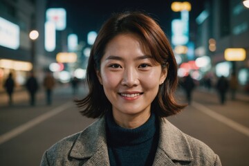 Close portrait of a smiling 40s South Korean woman looking at the camera, South Korean city outdoors at night blurred background