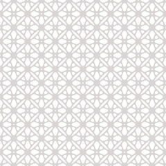 Subtle gray and white seamless pattern. Simple vector geometric floral ornament. Abstract background texture with bold flower silhouettes, leaves, lattice, rounded shapes, mesh, grid. Repeated design