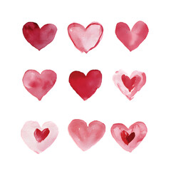 Obraz premium Nine pink and red watercolor heart illustration in artistic brushstroke style isolated on a white background png