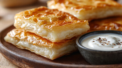 Flaky pastries with a bowl of dipping sauce.