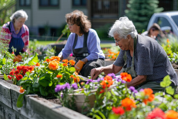 Active Senior Gardening Club in Nursing Home Garden Planting Flowers and Vegetables