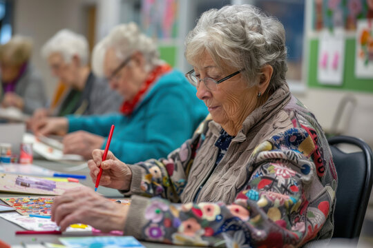 Engaged Seniors in Creative Craft Session at Nursing Home Activity Room