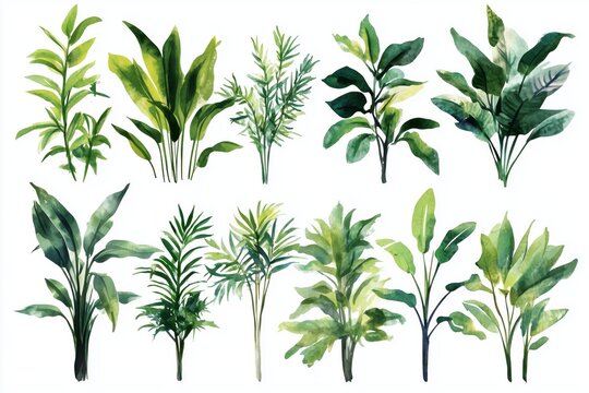 bush, shurb watercolor vector illustration, Minimal style tree painting hand drawn, Side view, set of graphics plant elements drawing for architecture and landscape design. Tropical