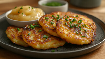 A Heartwarming Kitchen Setting Featuring Homemade Crispy Potato Latkes with Fresh Applesauce