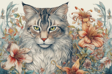 close-up of a cat's head with bright yellow eyes and fluffy fur, surrounded by flowers.  