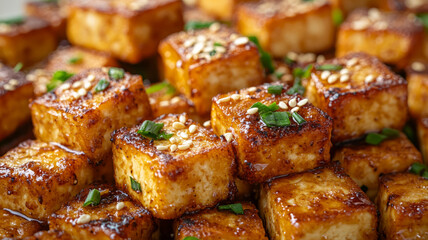 Close-up of cooked tofu cubes with garnishes