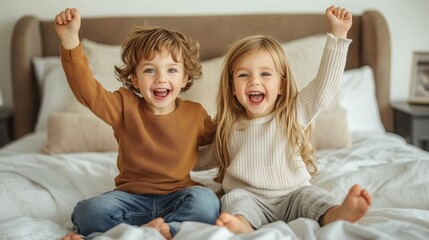 two children jumping on the bed in a bright room, looking at the camera