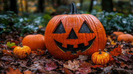 A cheerful jack-o'-lantern sits among smaller pumpkins and vibrant autumn leaves, showcasing a playful smile in a forest setting during fall