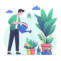 Flat Style Illustration of a Man Watering Plants, White Background