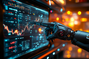Futuristic robotic hand interacting with a digital interface showcasing artificial intelligence, data analytics, and technology innovation in a modern urban environment