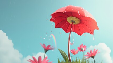 AI-generated image featuring a red umbrella hovering over pink flowers in a whimsical, rainy spring setting. Water droplets and a small rainbow in the sky enhance the magical atmosphere.