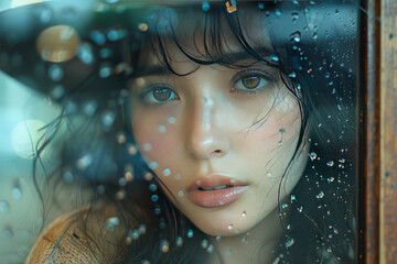 a young girl with dark hair and expressive brown eyes looking through a window covered with raindrops.  