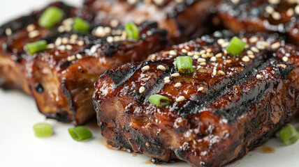 Close-up of glazed and grilled barbecue ribs.