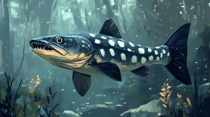 Fototapeta premium An Aquatic Scene Featuring a Pike Swimming Gracefully Through Clear Water in Nature