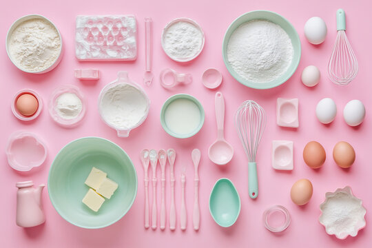 Colorful baking tools and ingredients on a pink background, flat lay, top view. Baking supplies for cooking or baking, isolated on a pastel-colored backdrop. - Powered by Adobe