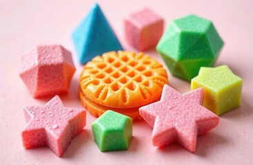 star and ball shaped caramel candies. Orange ball with ribbed texture surrounded by bright blue, pink and orange sweets on pink background