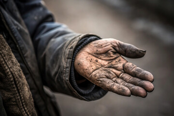Fototapeta premium An old dirty hand begging for alms