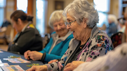 Joyful Bingo Night at Nursing Home with Residents Engaged in Friendly Competition