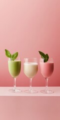 Delightful smoothie trio in vintage glassware against a pale red backdrop highlighting green, pink, and white color fusion