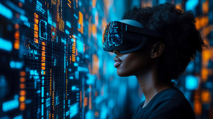 A woman engages with virtual reality technology, immersed in vibrant digital graphics that illuminate the surrounding space