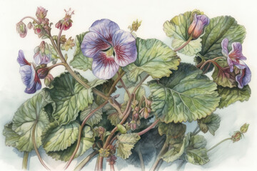 delicate botanical drawing of a flowering plant. The main attention is paid to the details of the leaves and flowers.  