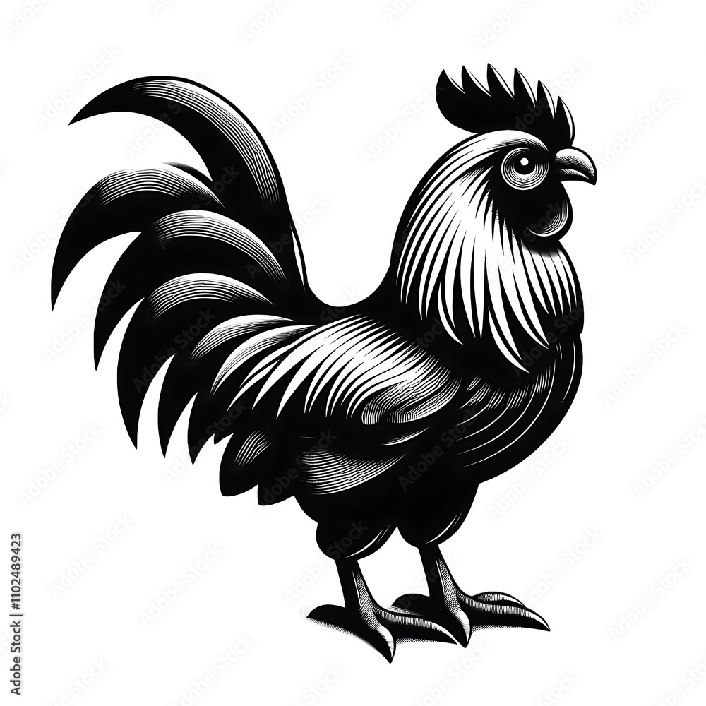 Poster intricate vector illustration of a rooster in monochrome, emphasizing its elegant feathers and bold 
