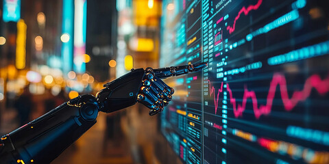 Futuristic robotic hand interacting with a digital interface showcasing artificial intelligence, data analytics, and technology innovation in a modern urban environment
