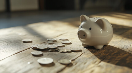 Piggy bank with scattered coins on wooden surface, saving concept