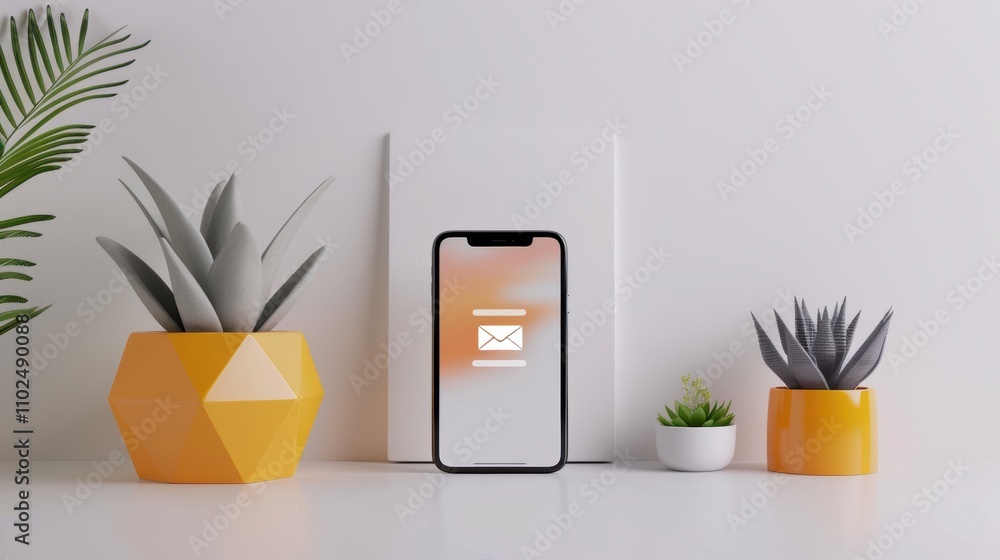Poster minimalist desk setup with smartphone and email notification for modern workspace design
