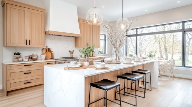 Modern kitchen with natural wood cabinets, white marble countertops, and unique pottery d&eacute;cor in a bright and open space