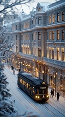Obraz premium A steam train from the Victorian era embarks with passengers in a snow-covered city illuminated by warm, golden building lights