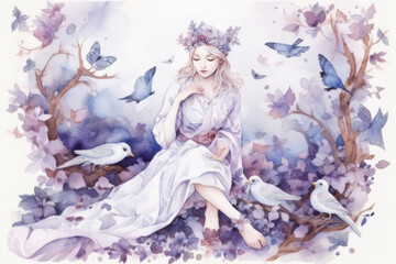 a young girl with long blond hair, dressed in a white dress, sitting against a background of lilac and lavender flowers.  