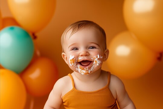 Baby with cake frosting on face sitting among orange balloons. Festive indoor portrait with warm lighting. Birthday celebration concept