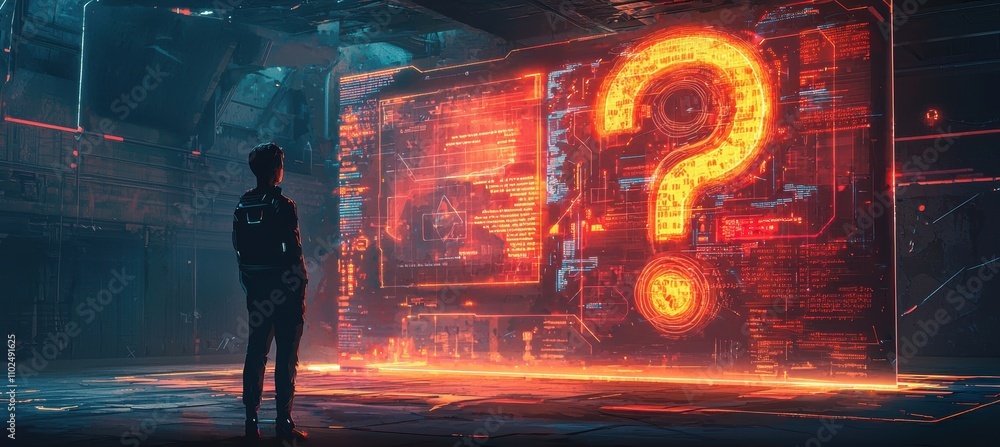 Poster futuristic decision making: person analyzing holographic data screen in high-tech environment