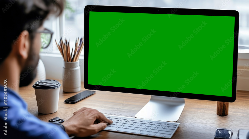 Poster a man types on a keyboard in a well-lit home office featuring a green screen display and various off