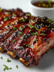 Glazed barbecue ribs with garnish on a white plate.