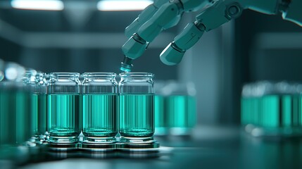 A robotic hand is filling glass vials with turquoise liquid in a futuristic lab setting, highlighting the intersection of technology and scientific research.