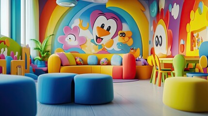 A vibrant children's playroom with a playful wall design featuring cartoon characters and bright colors, complemented by fun furniture and toys for a cheerful atmosphere.