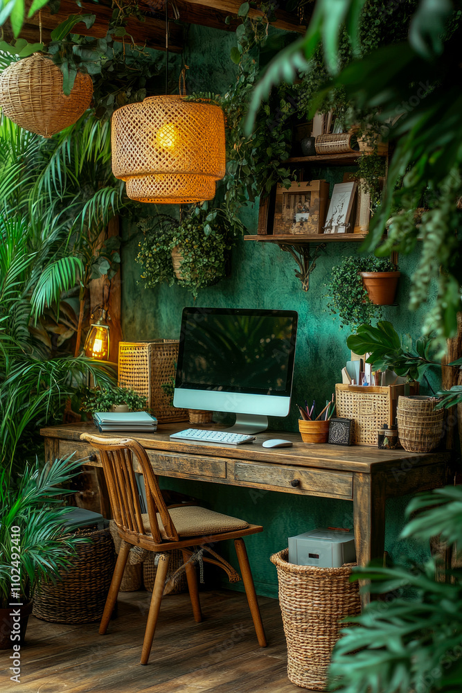 Poster a serene workspace features a wooden desk with a computer, surrounded by vibrant plants and soft lig
