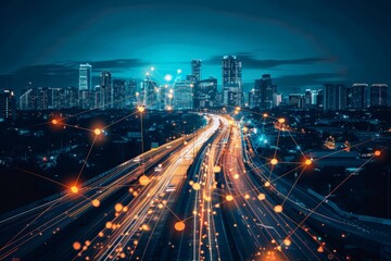 Fototapeta premium Vivid digital cityscape illuminated by neon lights, showcasing a futuristic urban environment
