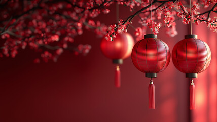 Red lanterns hang gracefully against a rich red backdrop, symbolizing prosperity and good fortune during the Chinese New Year celebration. This festive display enhances the celebratory atmosphere