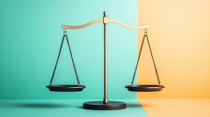 A balanced scale on a split background of teal and orange, symbolizing justice, fairness, and equality.