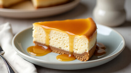 A delicious slice of creamy cheesecake drizzled with golden syrup or honey. The cheesecake sits on a crumbly biscuit base, served on an elegant white plate.